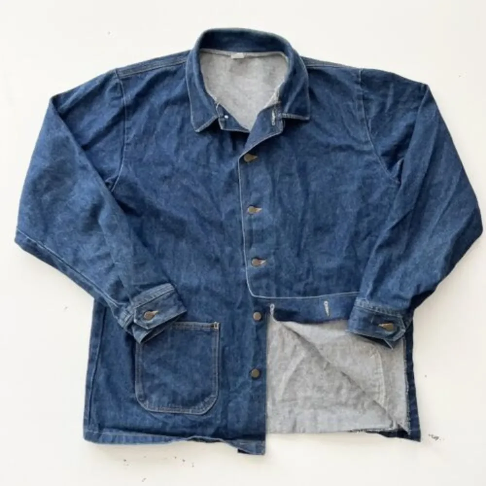 VINTAGE EARLY PRISON BLUES DENIM POCKETED CHORE JACKET COAT MADE IN USA XL RARE - Picture 1 of 9